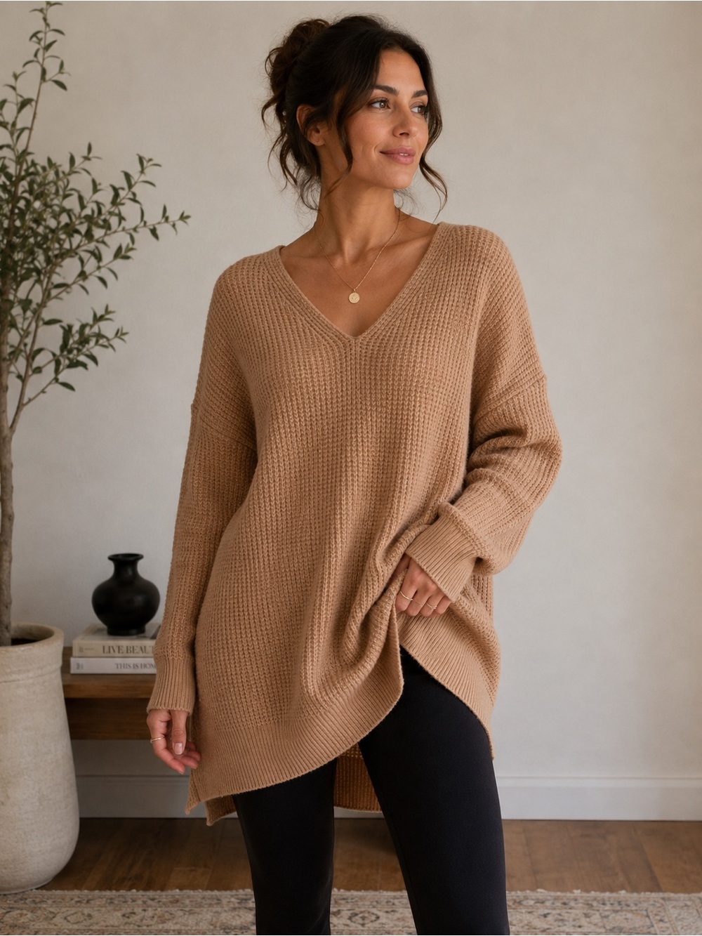 Free People V-Neck Camel Waffle Knit Sweater/tunic